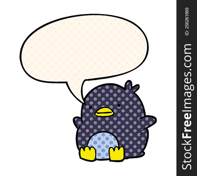 Cute Cartoon Penguin And Speech Bubble In Comic Book Style