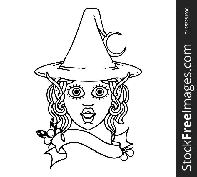 Black and White Tattoo linework Style elf mage character face. Black and White Tattoo linework Style elf mage character face
