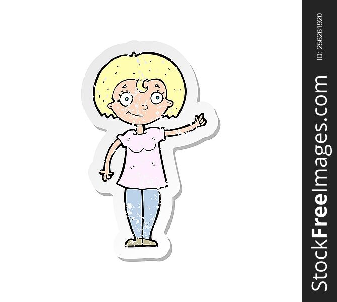 Retro Distressed Sticker Of A Cartoon Happy Woman Pointing