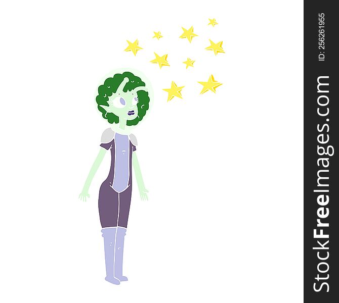 Flat Color Illustration Of A Cartoon Alien Space Girl