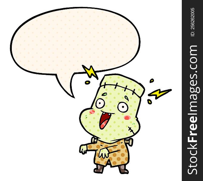 cartoon undead monster creation man and speech bubble in comic book style