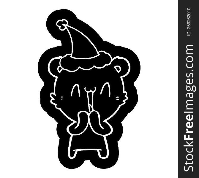 happy bear quirky cartoon icon of a wearing santa hat