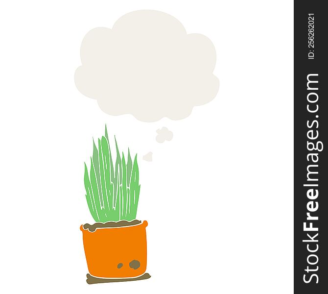 cartoon house plant with thought bubble in retro style