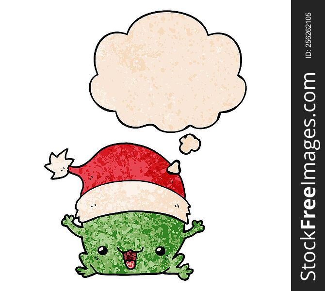 cute cartoon christmas frog with thought bubble in grunge texture style. cute cartoon christmas frog with thought bubble in grunge texture style