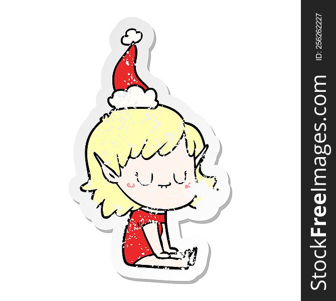 happy distressed sticker cartoon of a elf girl wearing santa hat