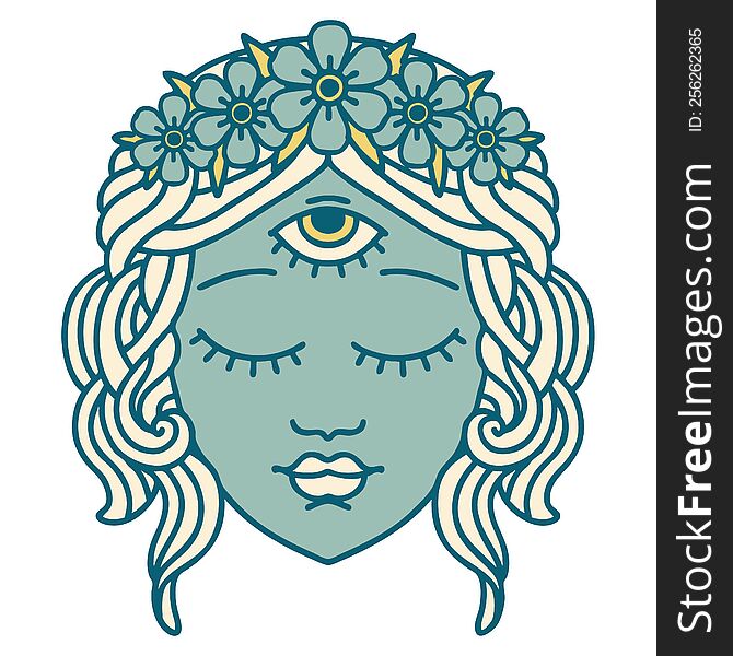 iconic tattoo style image of female face with third eye and crown of flowers. iconic tattoo style image of female face with third eye and crown of flowers