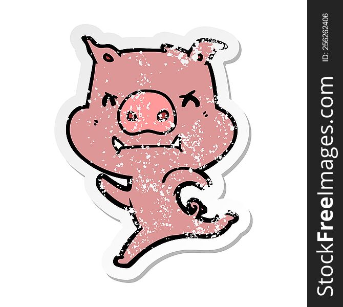 Distressed Sticker Of A Angry Cartoon Pig Charging