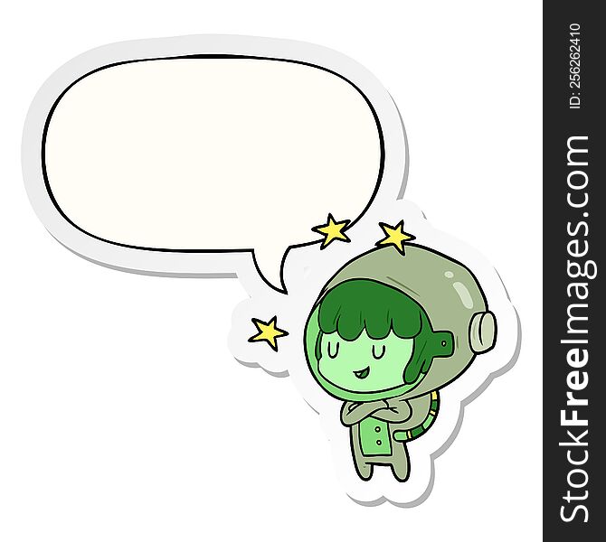 cartoon female future astronaut in space suit and speech bubble sticker