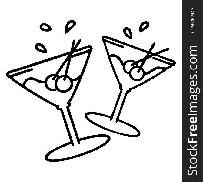 line doodle of martinin glasses clinking together. line doodle of martinin glasses clinking together