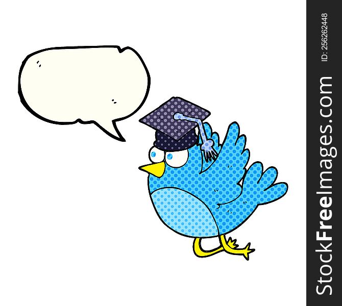 freehand drawn comic book speech bubble cartoon bird wearing graduation cap