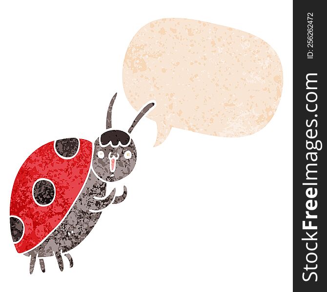 Cute Cartoon Ladybug And Speech Bubble In Retro Textured Style
