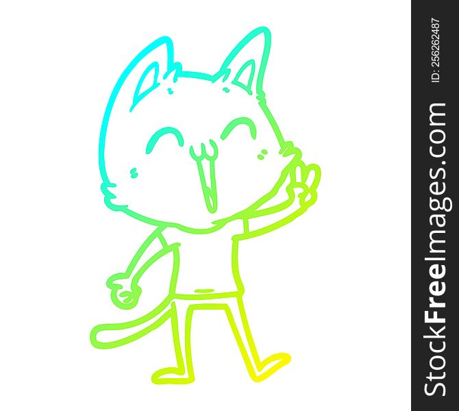 cold gradient line drawing of a happy cartoon cat meowing