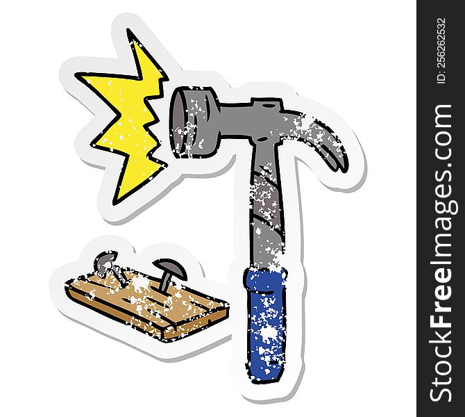distressed sticker cartoon doodle of a hammer and nails