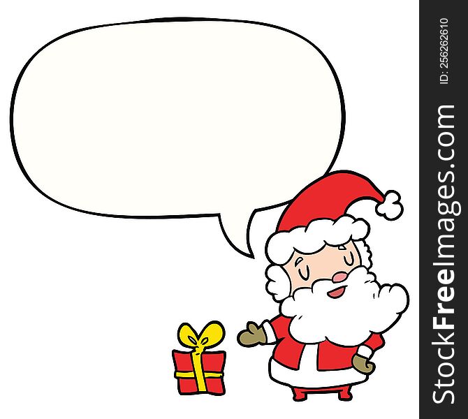 Cartoon Santa Claus And Present And Speech Bubble