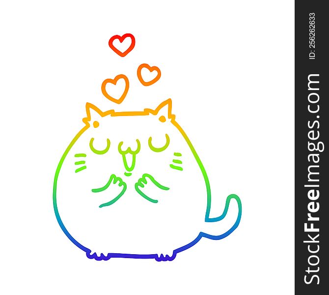 rainbow gradient line drawing of a cute cartoon cat in love