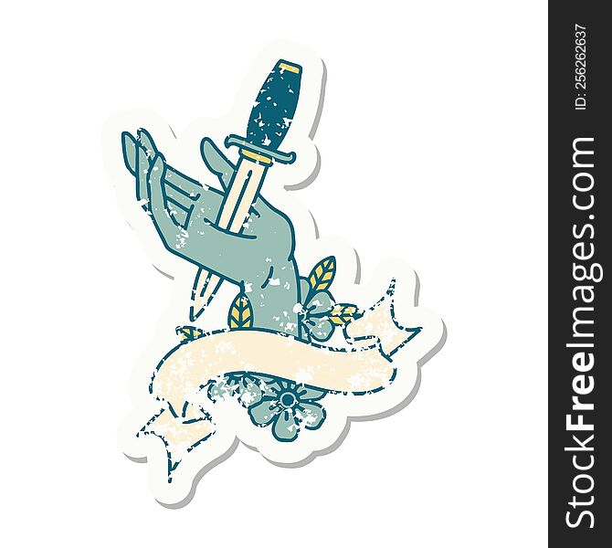 Grunge Sticker With Banner Of A Dagger In The Hand