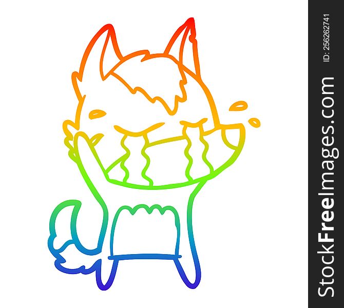 rainbow gradient line drawing of a cartoon crying wolf