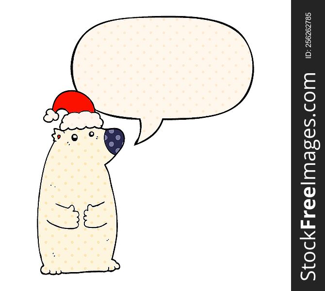Cartoon Bear Wearing Christmas Hat And Speech Bubble In Comic Book Style