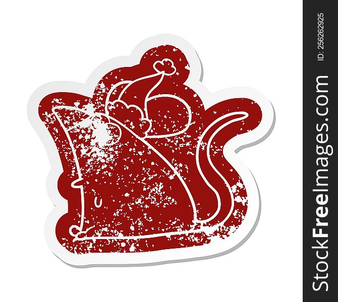 quirky cartoon distressed sticker of a frightened mouse wearing santa hat
