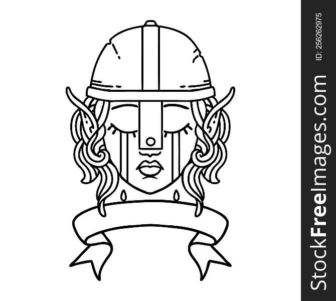 Black and White Tattoo linework Style crying elf fighter character face with banner. Black and White Tattoo linework Style crying elf fighter character face with banner