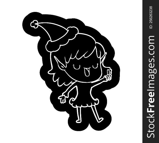 quirky cartoon icon of a elf girl wearing santa hat