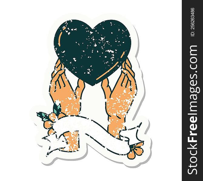 Grunge Sticker With Banner Of A Hands Reaching For A Heart