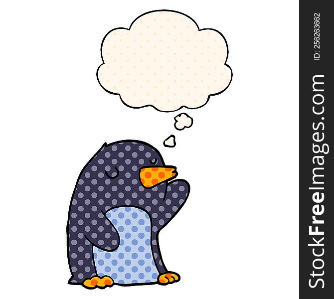 Cartoon Penguin And Thought Bubble In Comic Book Style