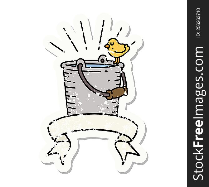 Grunge Sticker Of Tattoo Style Bird Perched On Bucket Of Water