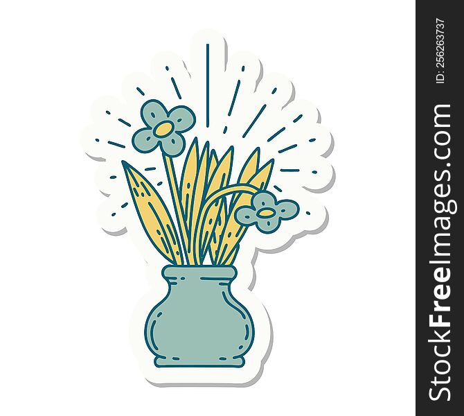 sticker of tattoo style flowers in vase