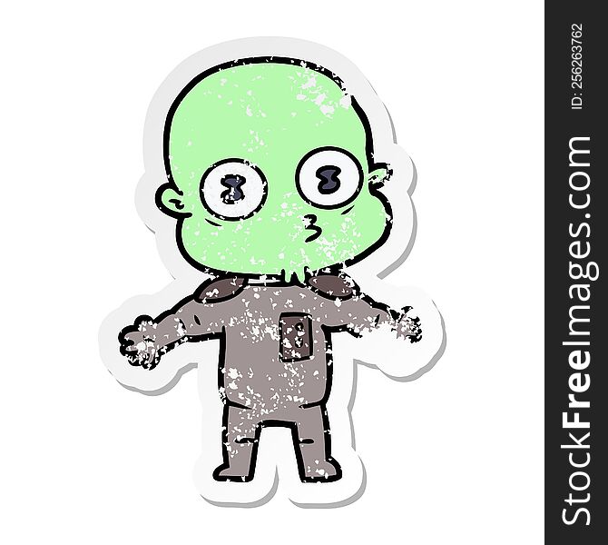 distressed sticker of a cartoon weird bald spaceman