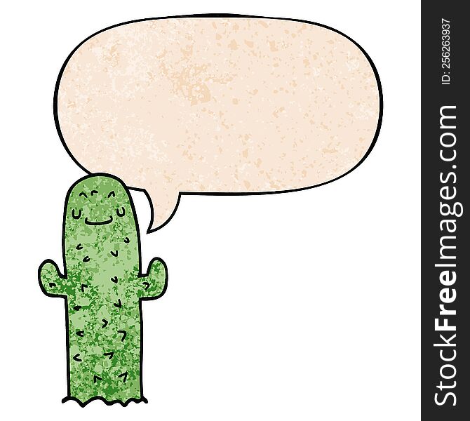 cartoon cactus with speech bubble in retro texture style