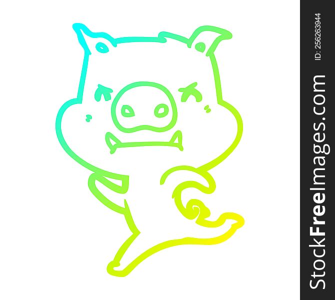 cold gradient line drawing angry cartoon pig charging