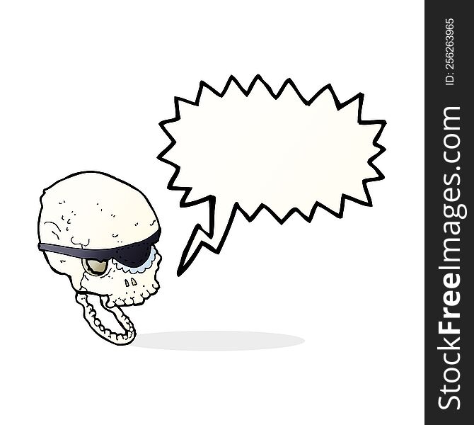 cartoon spooky skull with eye patch with speech bubble