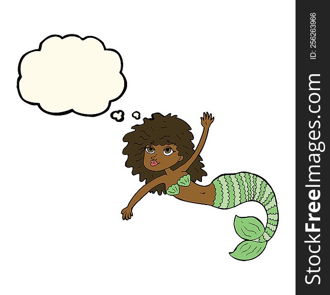 Cartoon Pretty Mermaid Waving With Thought Bubble