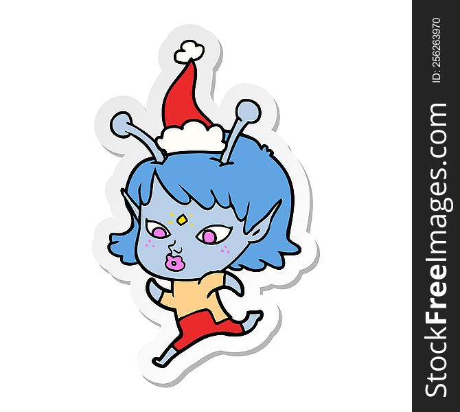 pretty hand drawn sticker cartoon of a alien girl running wearing santa hat