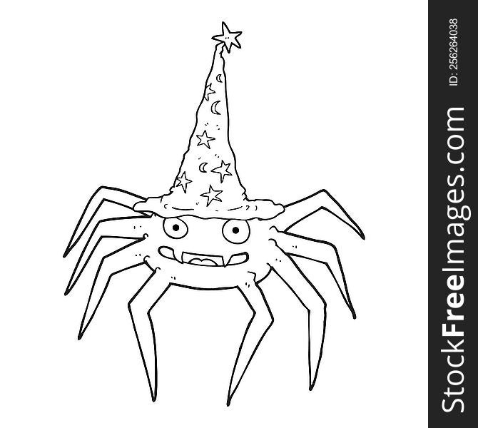 freehand drawn black and white cartoon halloween spider in witch hat