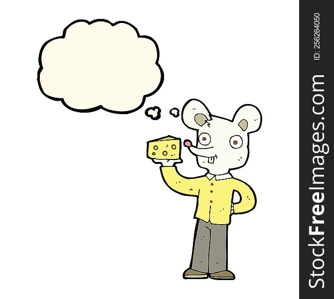 cartoon mouse holding cheese with thought bubble