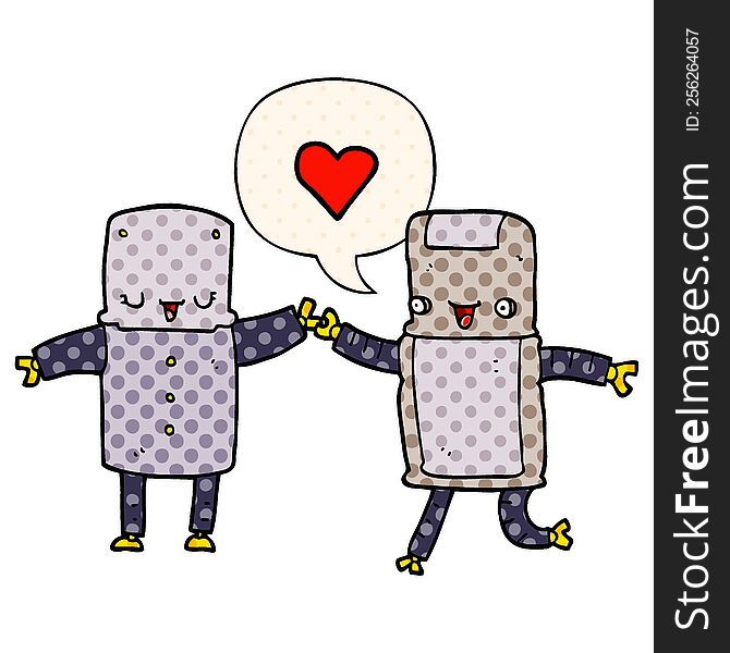 Cartoon Robots In Love And Speech Bubble In Comic Book Style