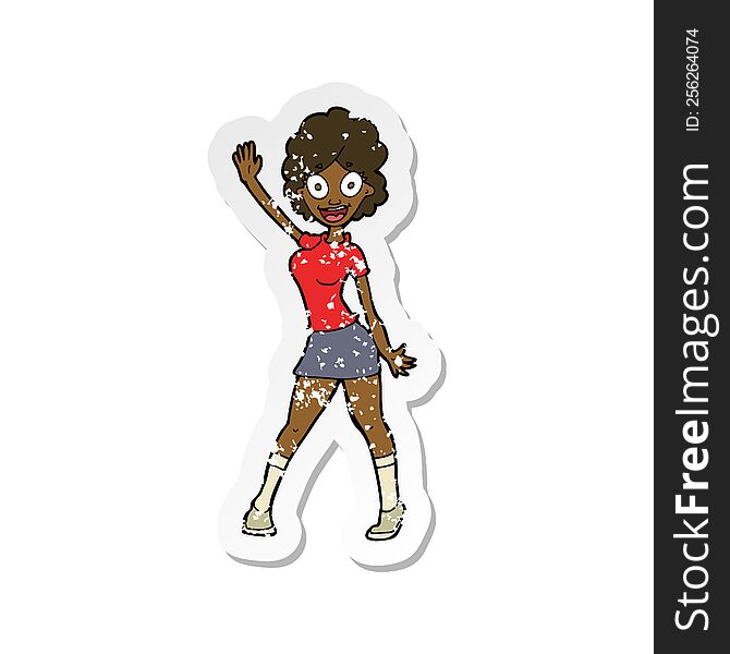 retro distressed sticker of a cartoon woman dancing