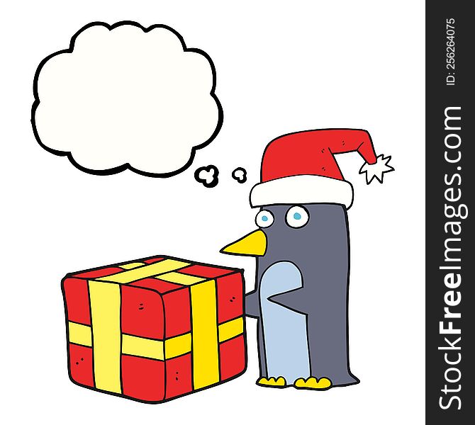 Thought Bubble Cartoon Christmas Penguin With Present
