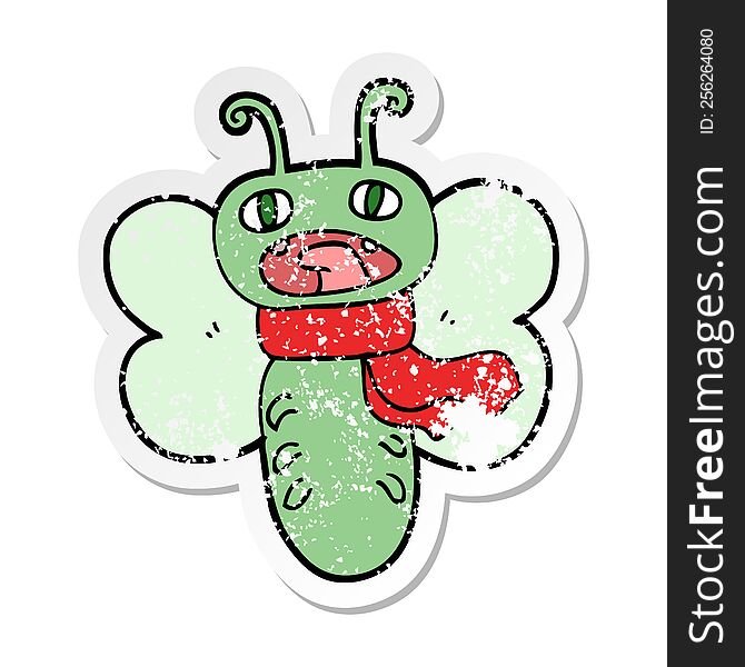 distressed sticker of a funny cartoon butterfly