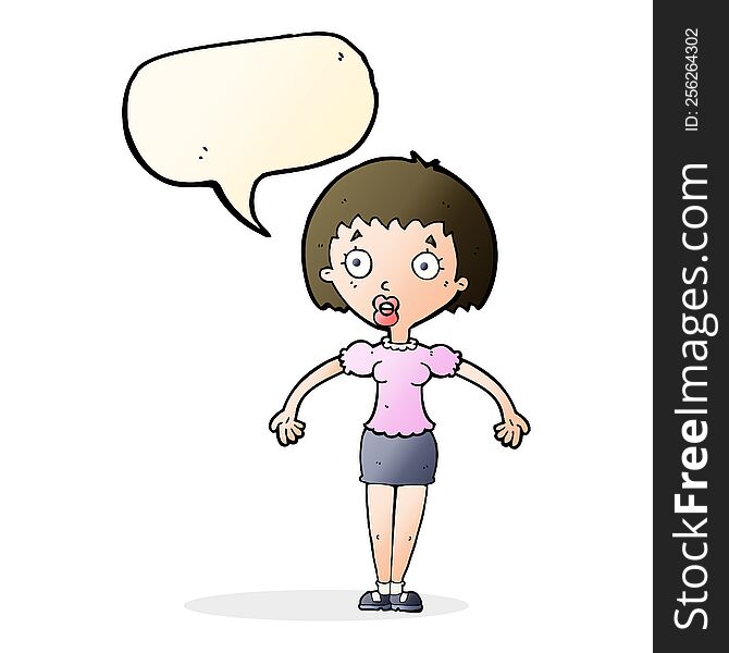 cartoon confused woman shrugging shoulders with speech bubble