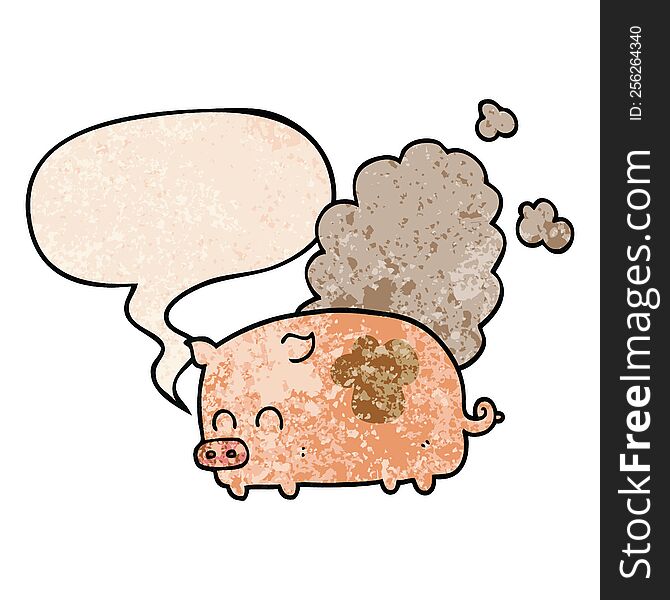 cartoon smelly pig with speech bubble in retro texture style
