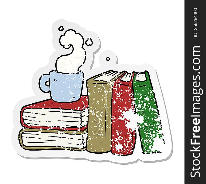 Distressed Sticker Of A Cartoon Coffee Cup And Study Books