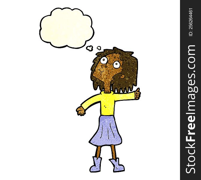 cartoon woman looking up to the sky with thought bubble