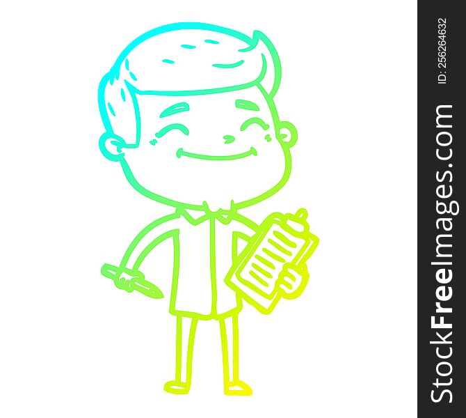 cold gradient line drawing of a happy cartoon man taking survey