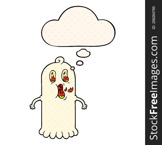 cartoon ghost with flaming eyes with thought bubble in comic book style