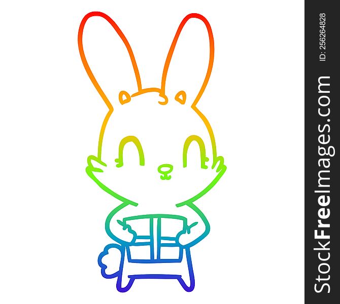 Rainbow Gradient Line Drawing Cute Cartoon Rabbit With Present