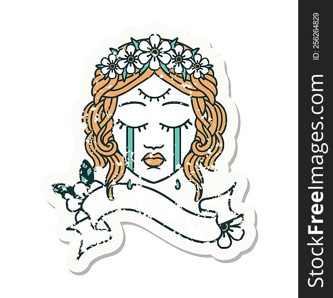 Grunge Sticker With Banner Of Female Face Crying With Third Eye
