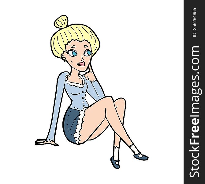 Cartoon Attractive Woman Sitting Thinking